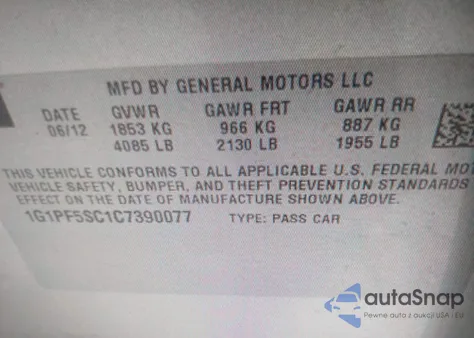 2012 Chevrolet Cruze 1Lt z USA, uszkodzony, nr VIN 1G1PF5SC1C7390077